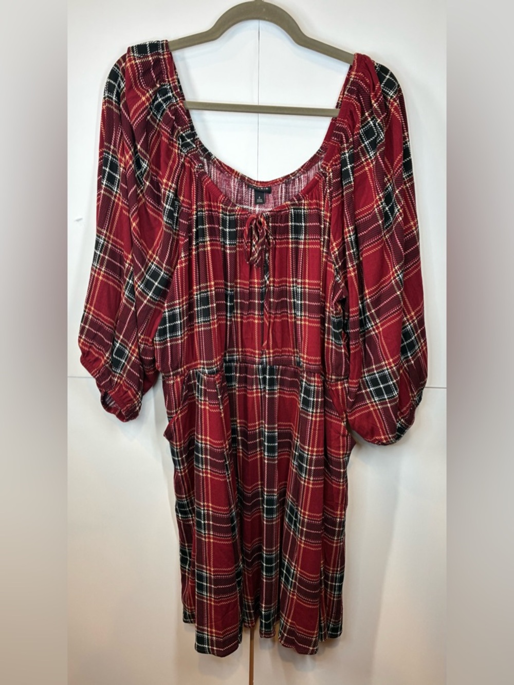Torrid Red Plaid Babydoll Dress Size 4 (4X) NWT 3/4 Sleeve Pockets